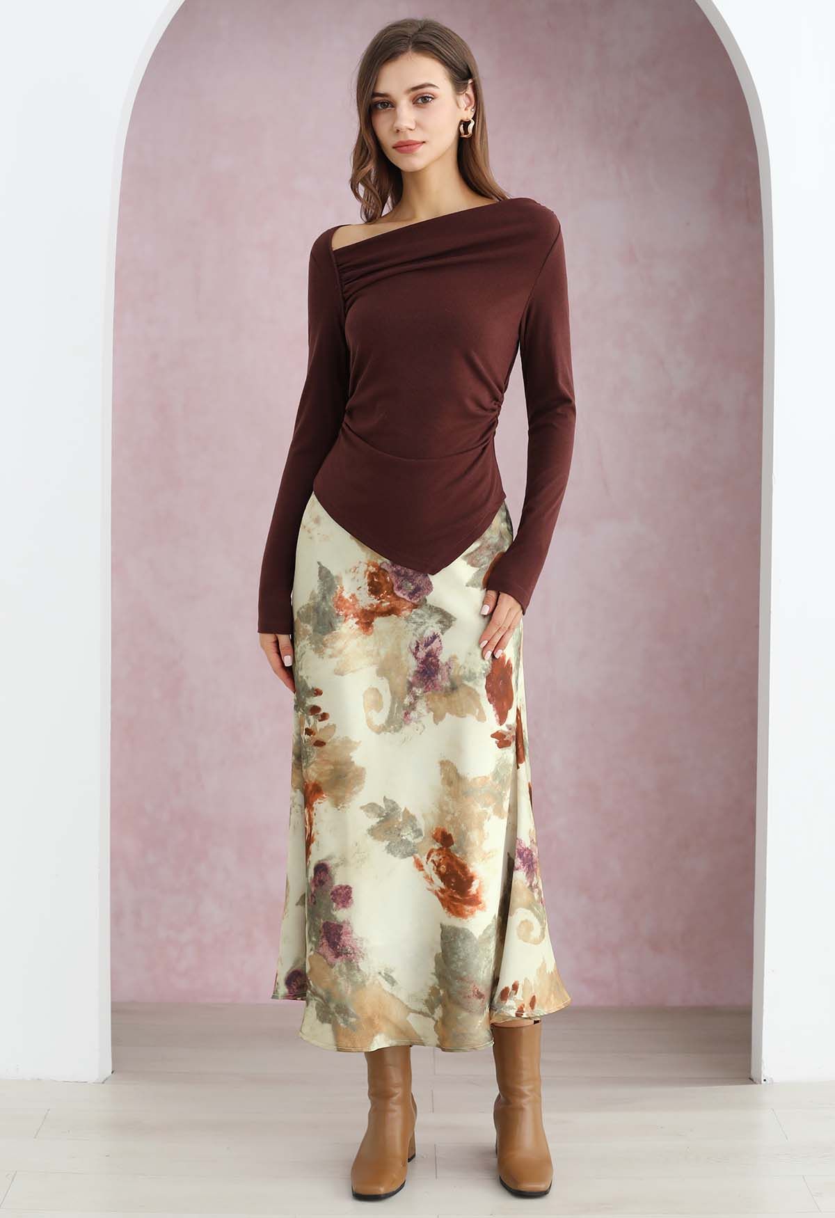 Dreamy Floral Watercolor Print Flare Maxi Skirt