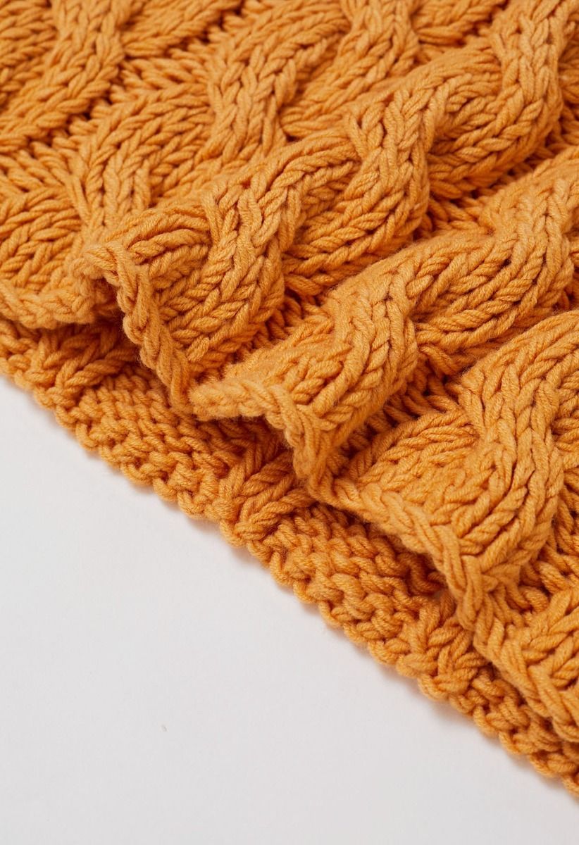 Collared V-Neck Chunky Cable-Knit Sweater in Orange