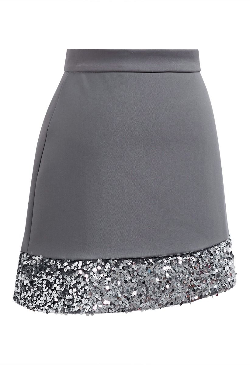 Shine Glamour Sequin Hem Mini Skirt in Grey