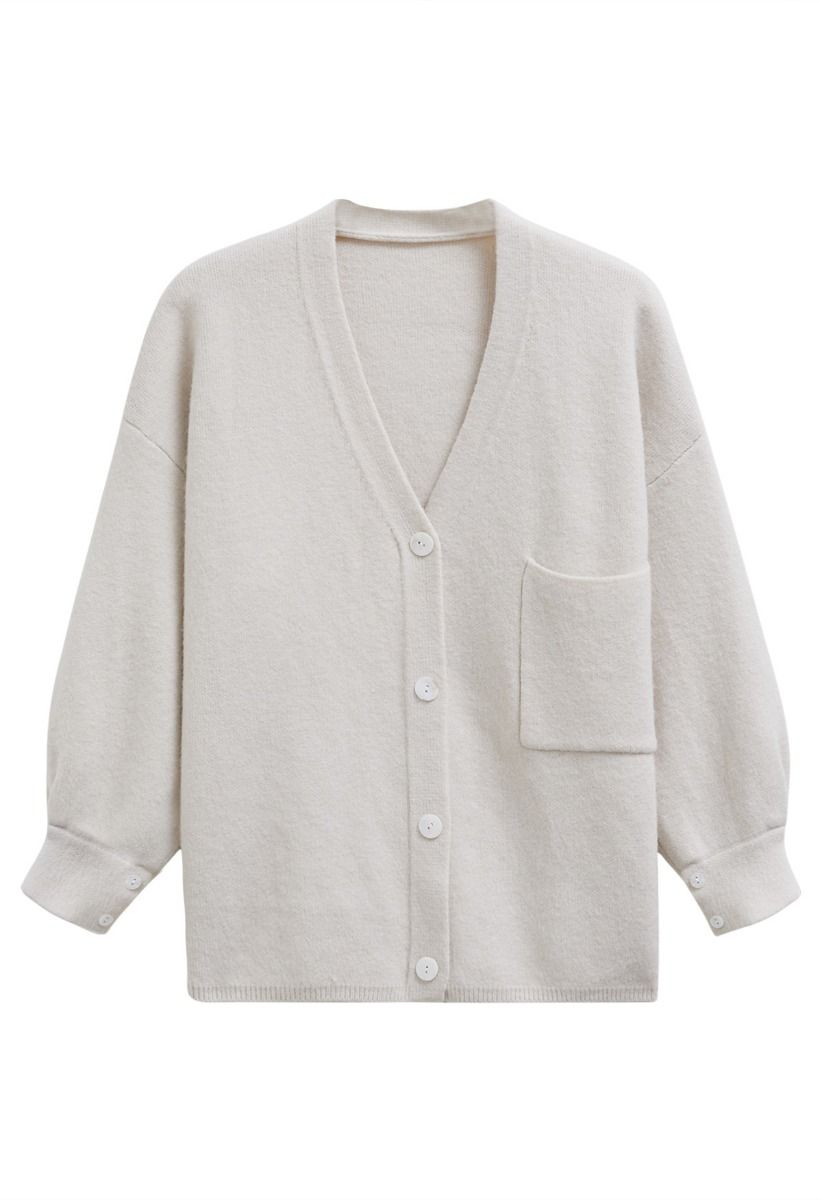 Relaxed Patch-Pocket Button Down Cardigan in Ivory