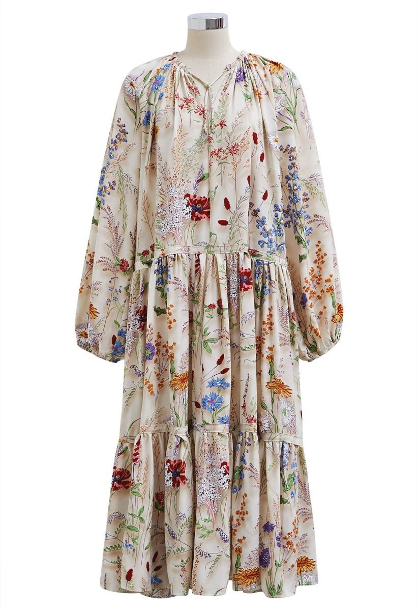 Wildflower Dream Puff Sleeve Tie String Chiffon Midi Dress