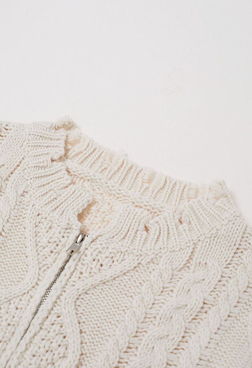 Raw Edge Cable Knit Zipper Crop Cardigan in Ivory