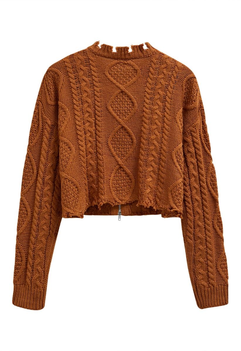 Raw Edge Cable Knit Zipper Crop Cardigan in Pumpkin