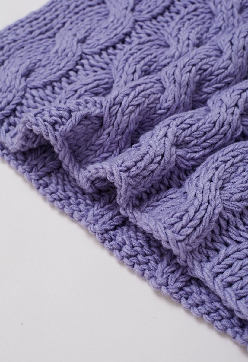 Collared V-Neck Chunky Cable-Knit Sweater in Lavender