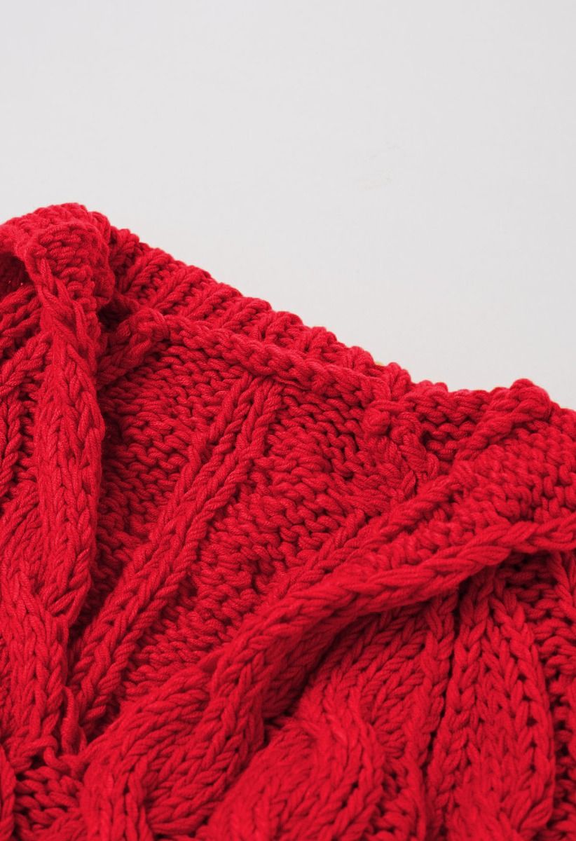 Collared V-Neck Chunky Cable-Knit Sweater in Red