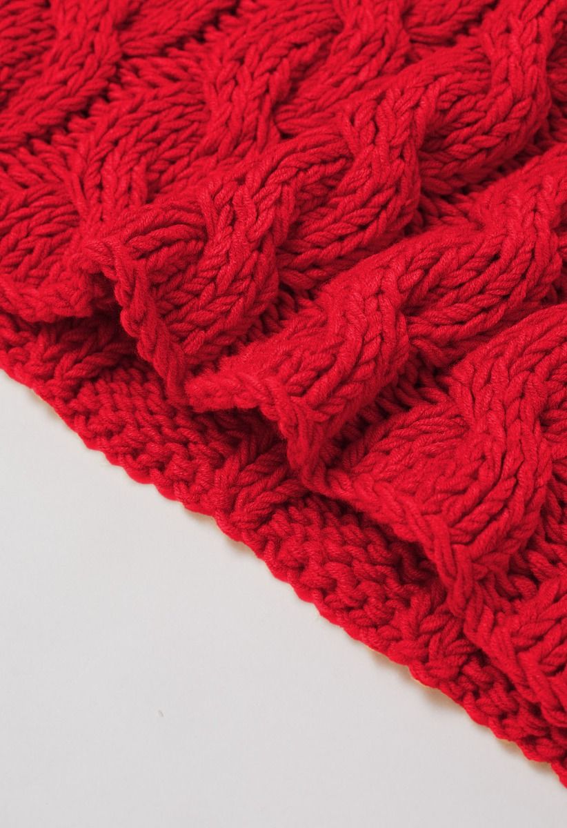 Collared V-Neck Chunky Cable-Knit Sweater in Red