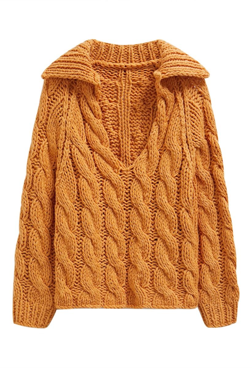 Collared V-Neck Chunky Cable-Knit Sweater in Orange