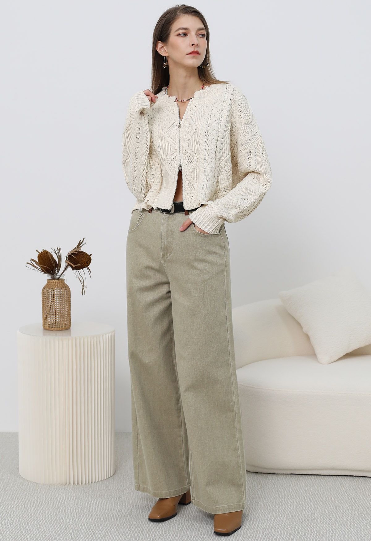 Raw Edge Cable Knit Zipper Crop Cardigan in Ivory