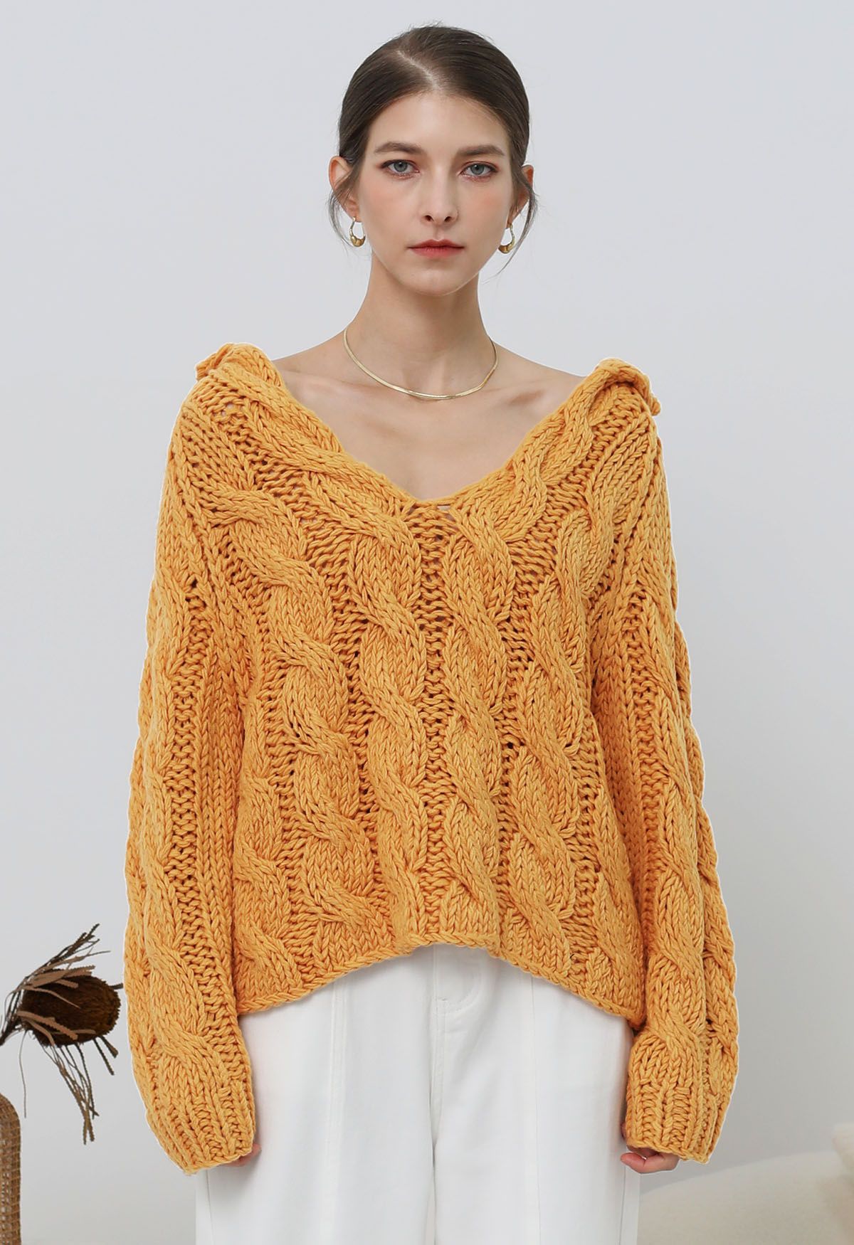 Collared V-Neck Chunky Cable-Knit Sweater in Orange