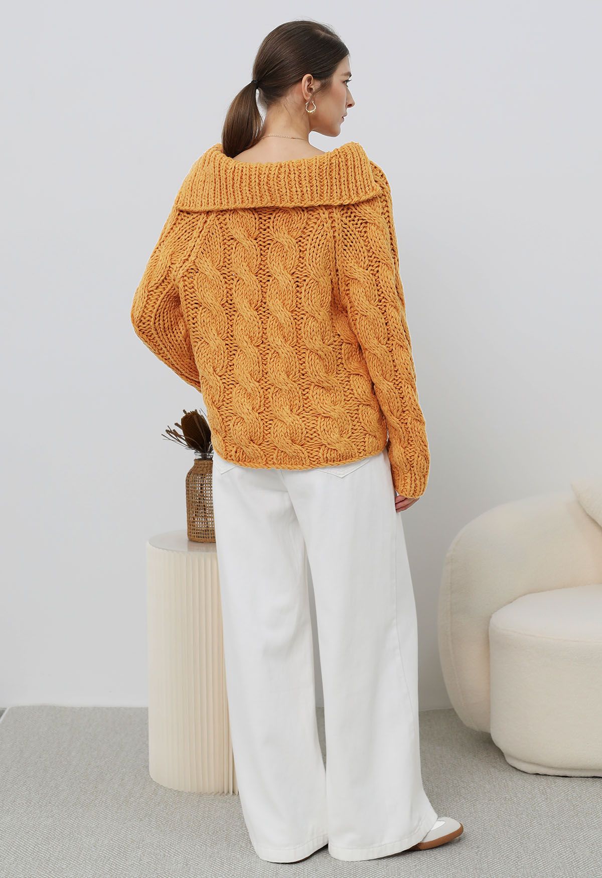 Collared V-Neck Chunky Cable-Knit Sweater in Orange