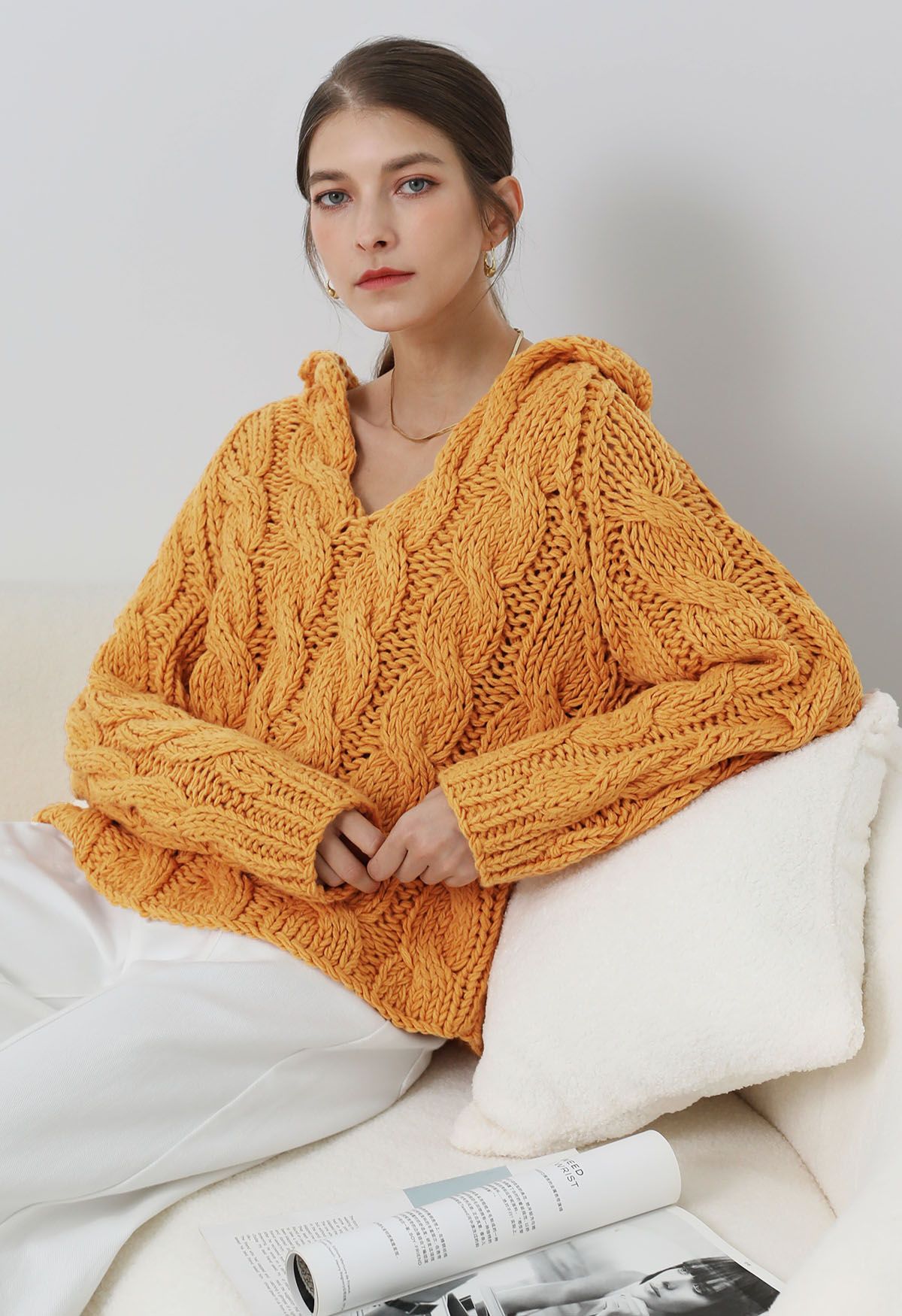 Collared V-Neck Chunky Cable-Knit Sweater in Orange