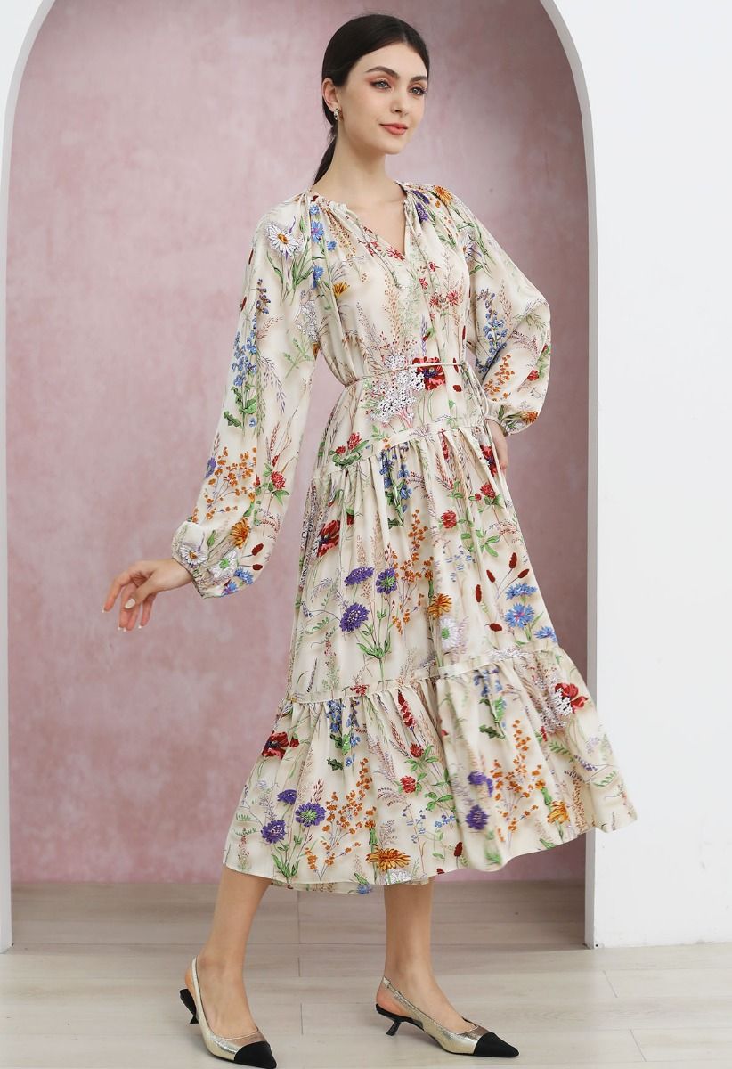 Wildflower Dream Puff Sleeve Tie String Chiffon Midi Dress