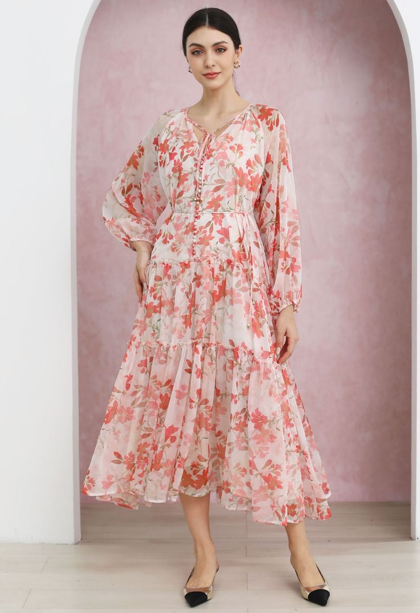 Azalea Bloom Tie Neck Chiffon Midi Dress