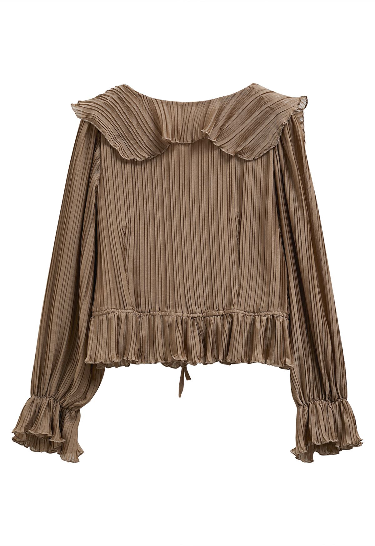 Dancing Ruffle Plisse Buttoned Cropped Top in Tan