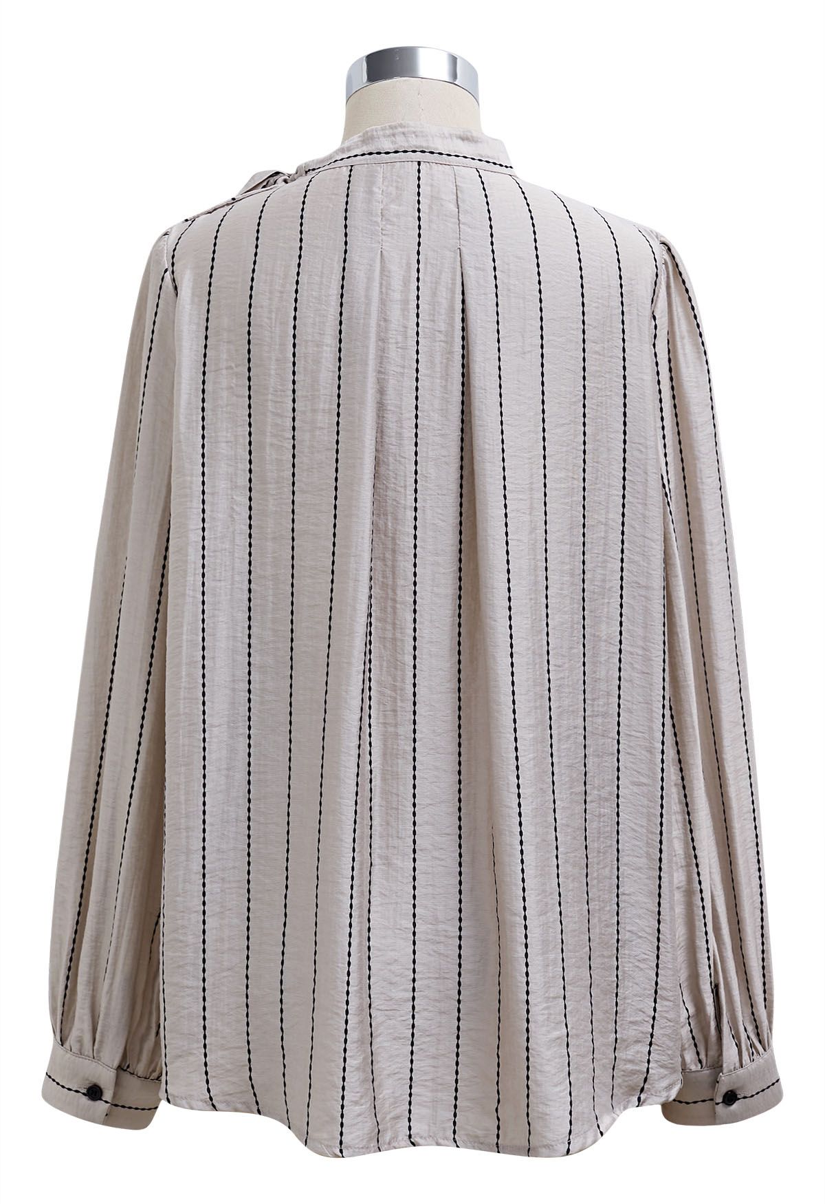 Striped Tie Neck Puff Sleeve Pleats Shirt in Sand