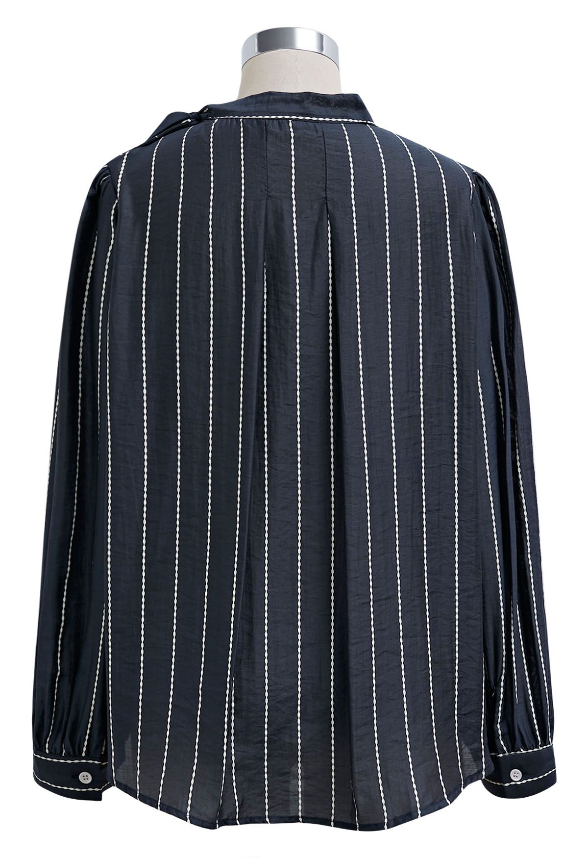 Striped Tie Neck Puff Sleeve Pleats Shirt in Navy