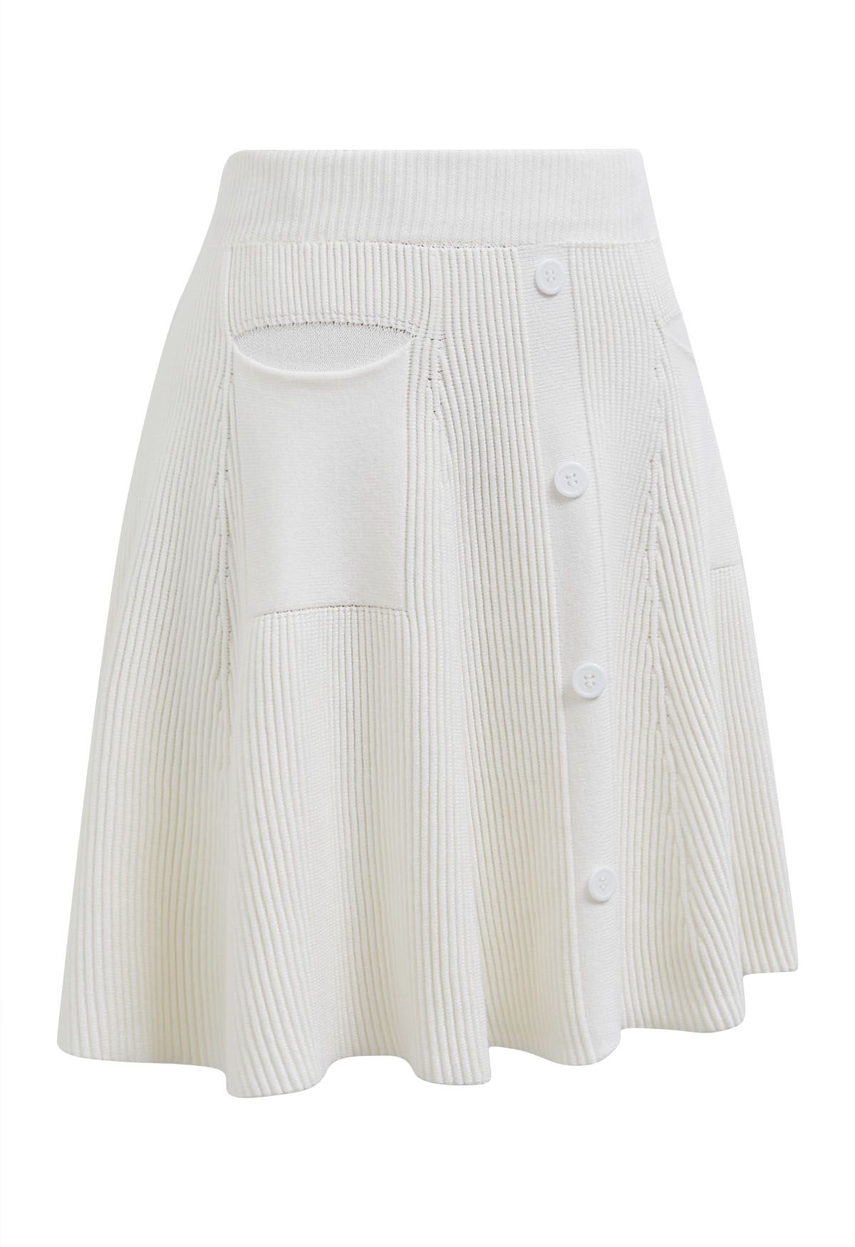 Patch Pockets Button Trim Knit Mini Skirt in White