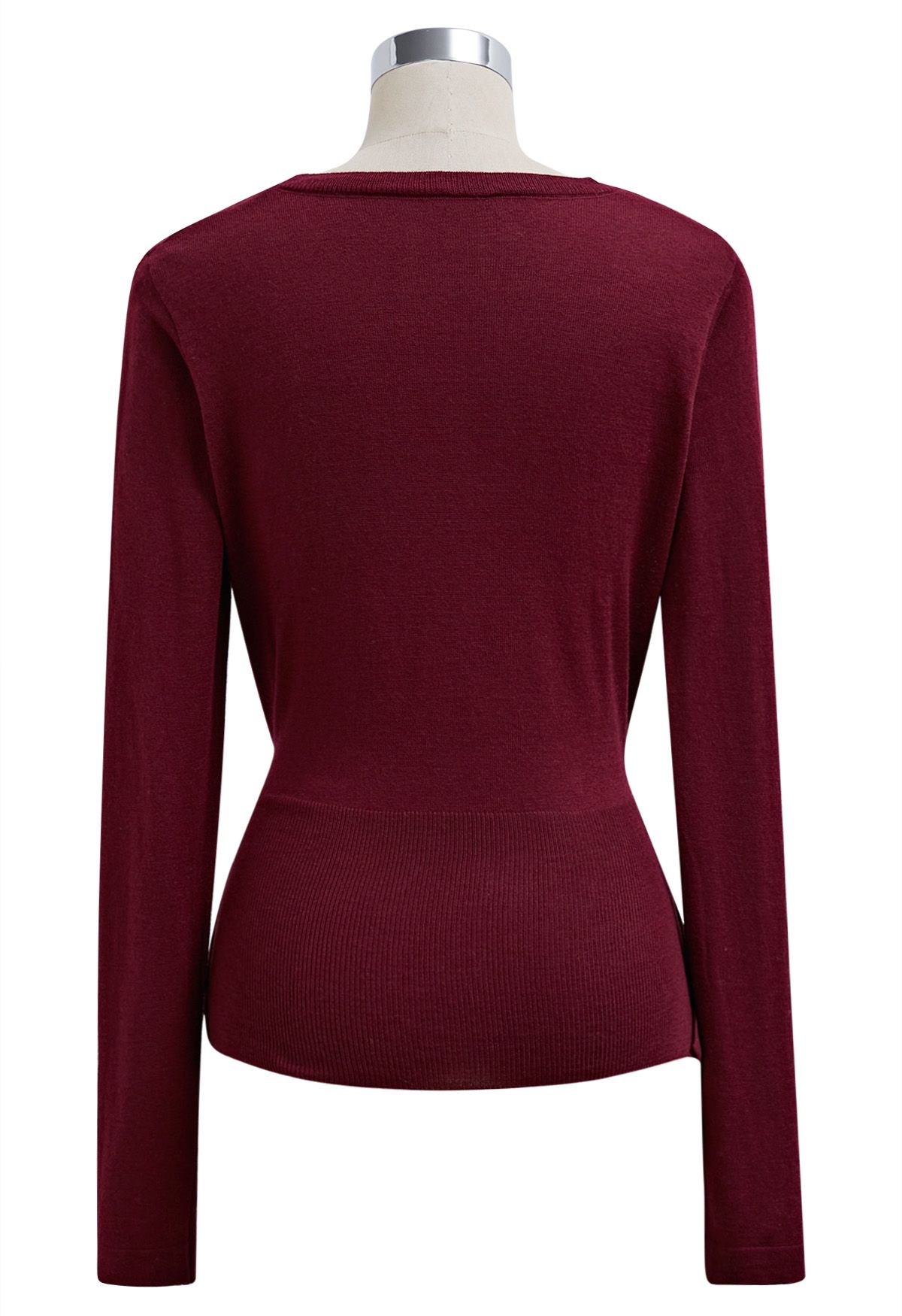 Fascinating Crisscross Buttoned Knit Top in Burgundy