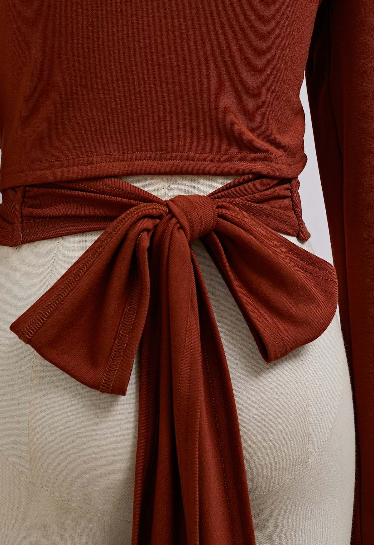 Self-Tie Back Ribbon Wrapped Front Top in Rust Red