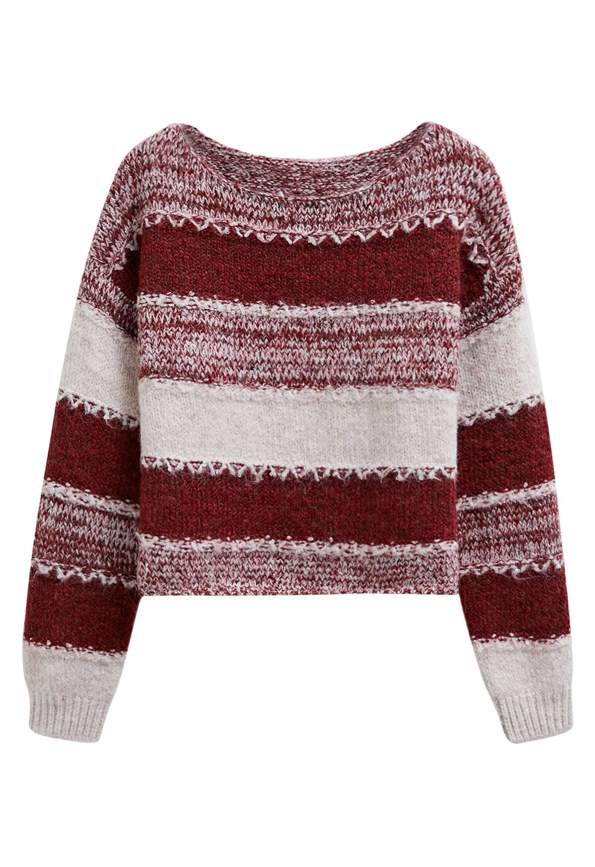 Fair Isle Stripe Cropped Knit Sweater in Red