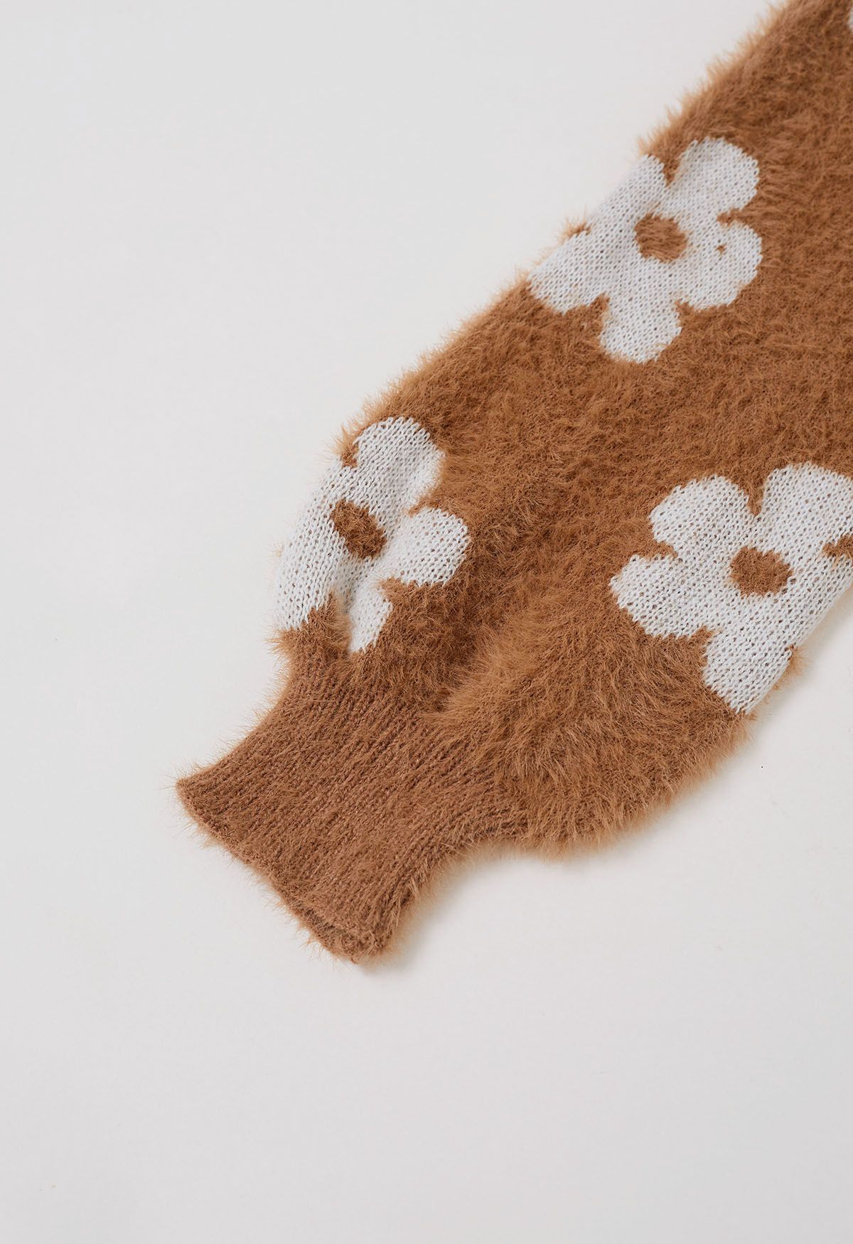 Cuteness Flowers Fuzzy Knit Cardigan in Caramel