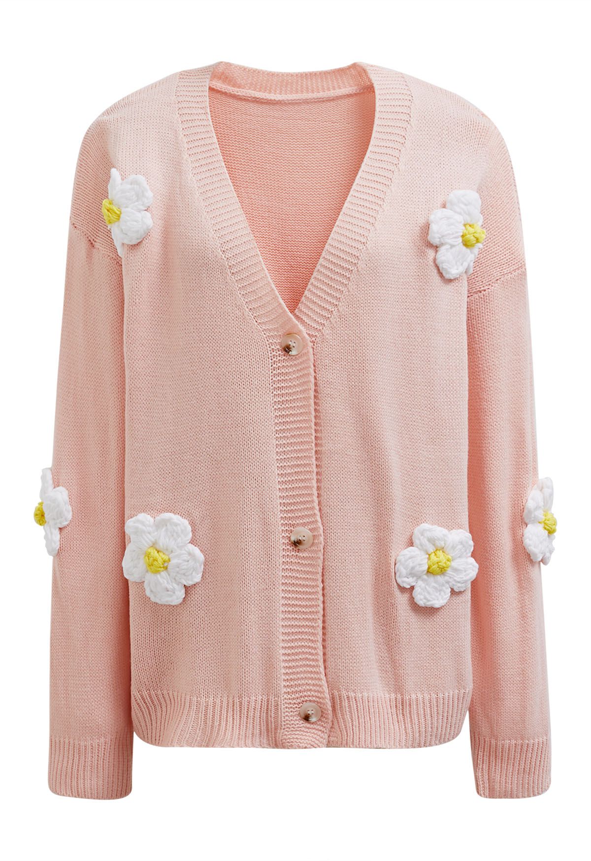 Lovely 3D Flower Buttoned Knit Cardigan in Light Pink