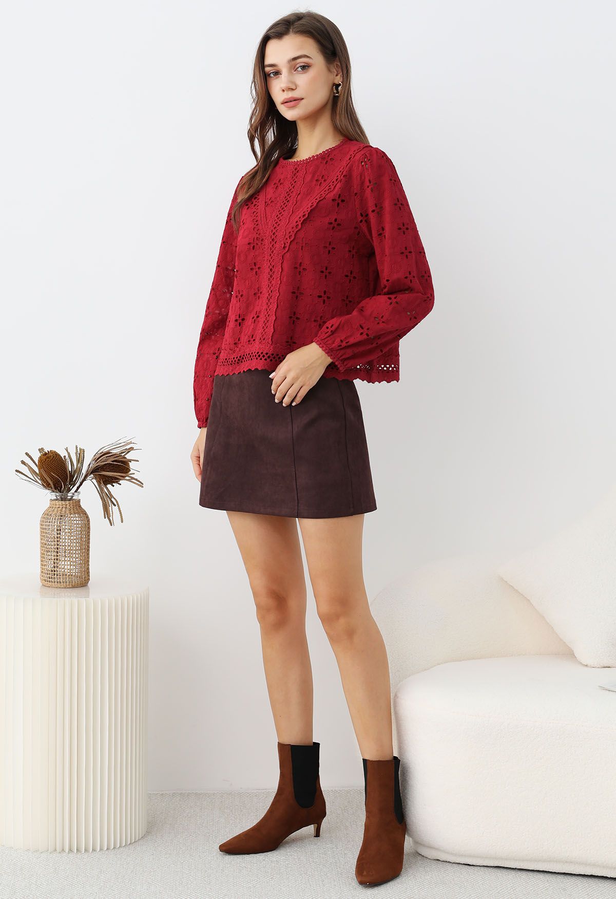 Intricate Petals Eyelet Embroidery Cotton Top in Red