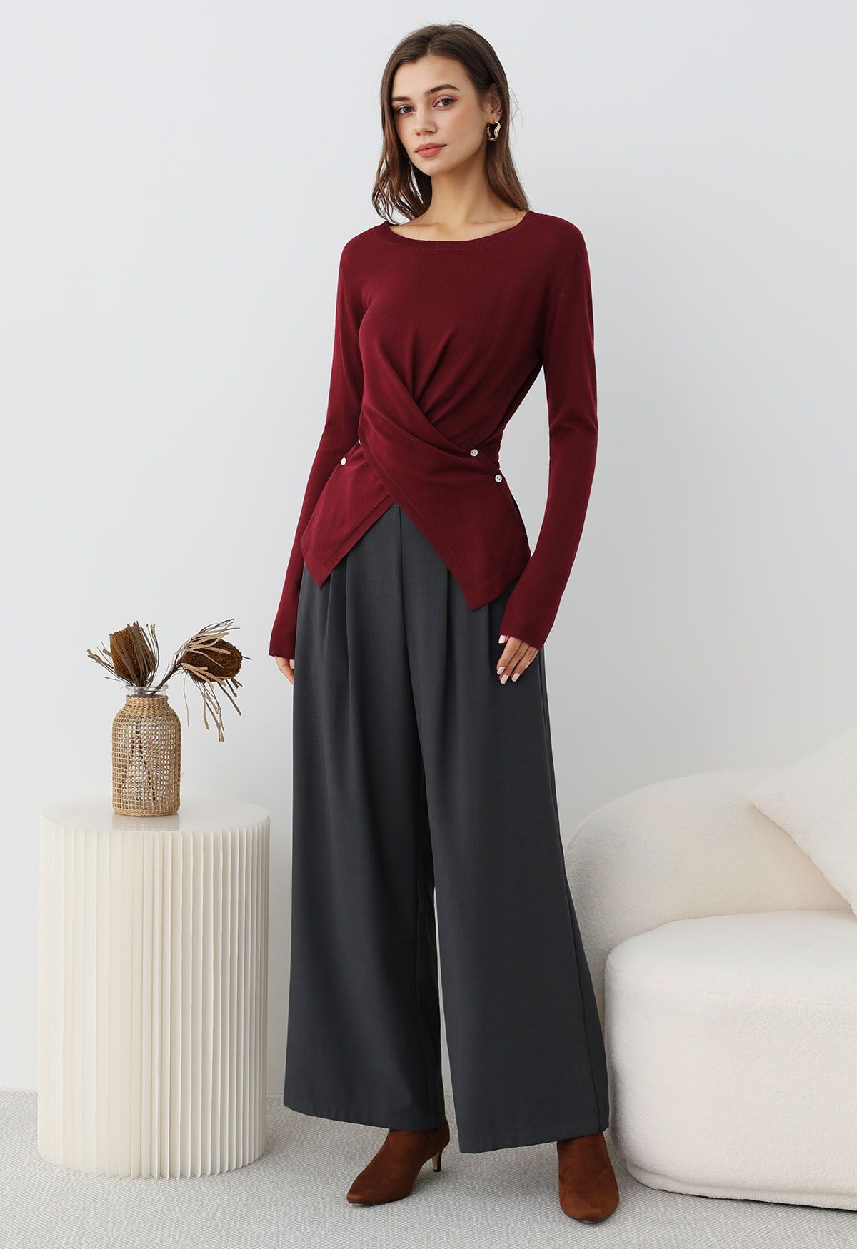 Fascinating Crisscross Buttoned Knit Top in Burgundy