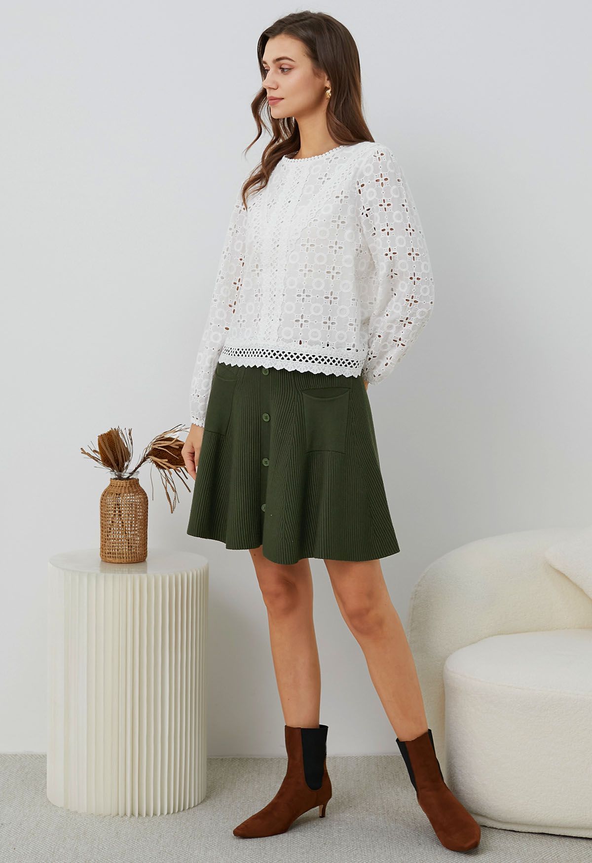 Patch Pockets Button Trim Knit Mini Skirt in Army Green