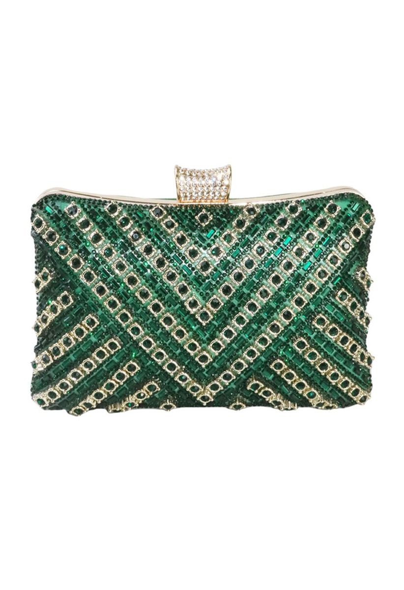 Fancy Rhinestone Overlay Clutch in Green