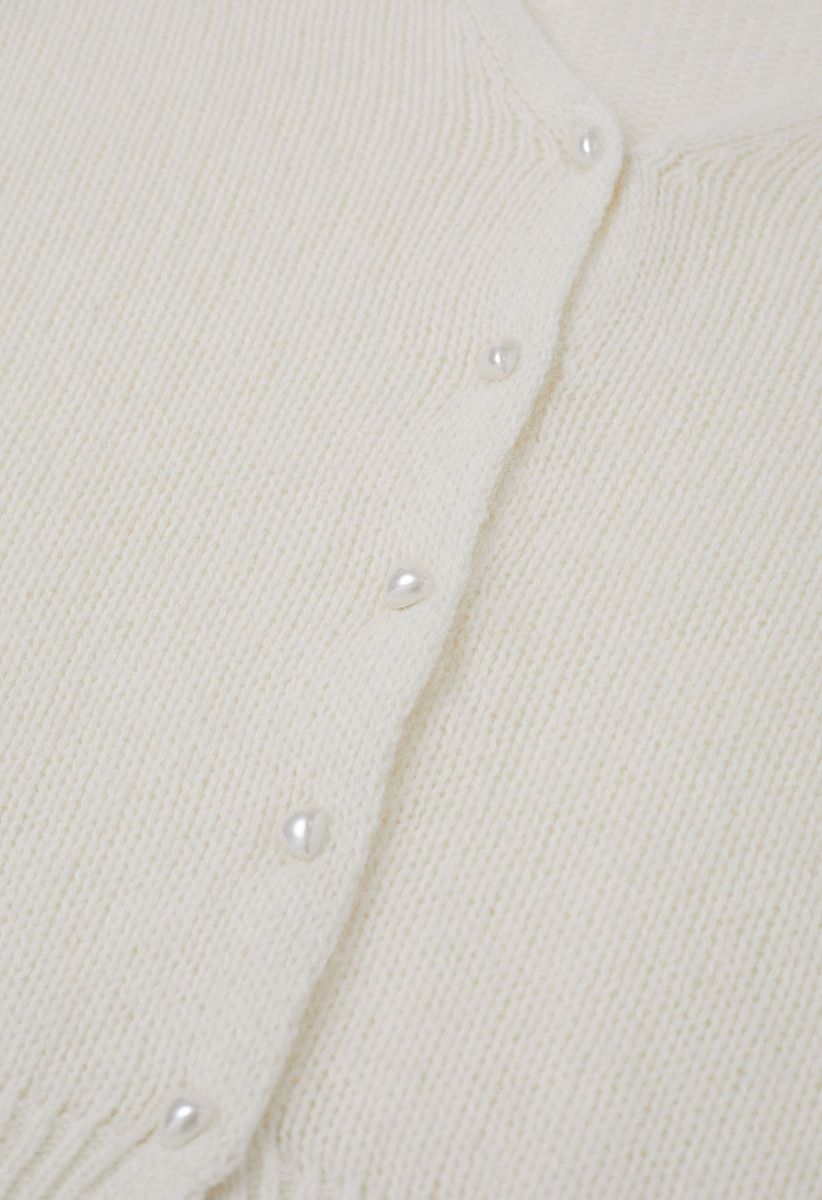 Solid Color Pearly Button Knit Cardigan in Cream