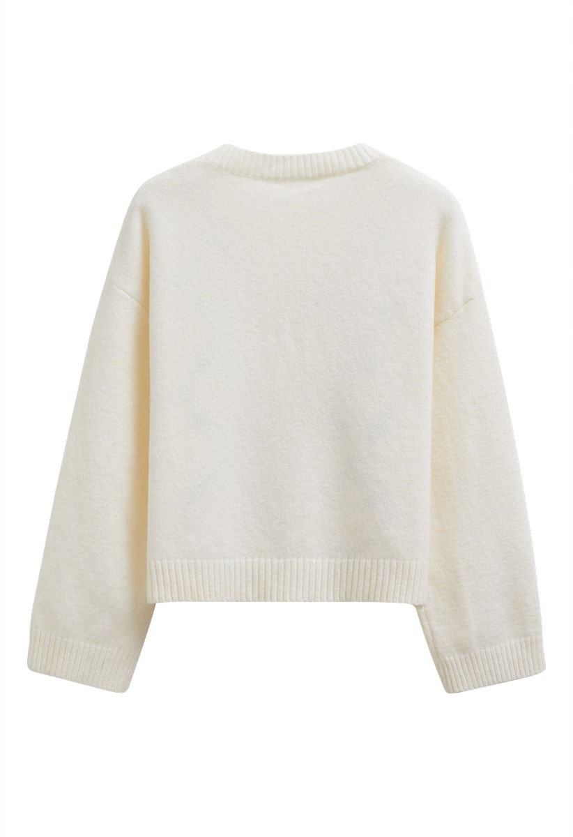 Floral Diamond Pom-Pom Ribbed Knit Sweater in Cream