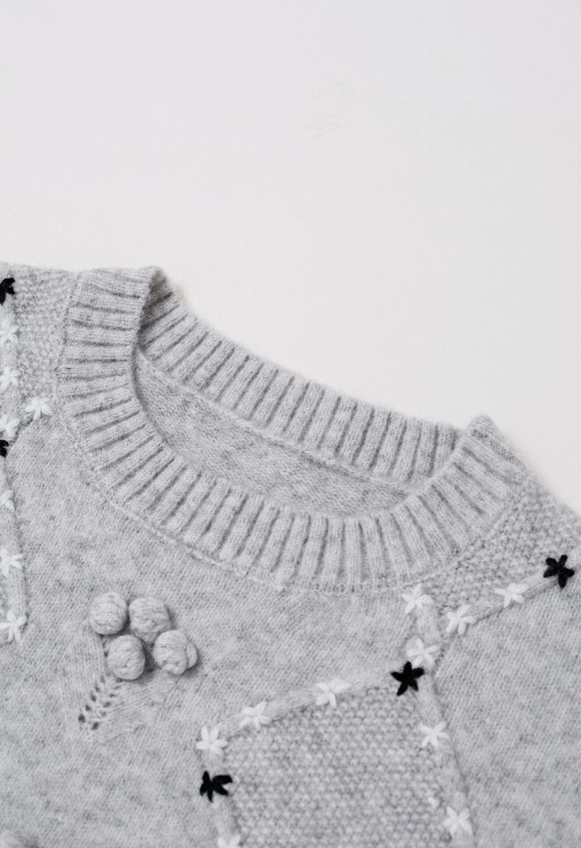 Floral Diamond Pom-Pom Ribbed Knit Sweater in Grey