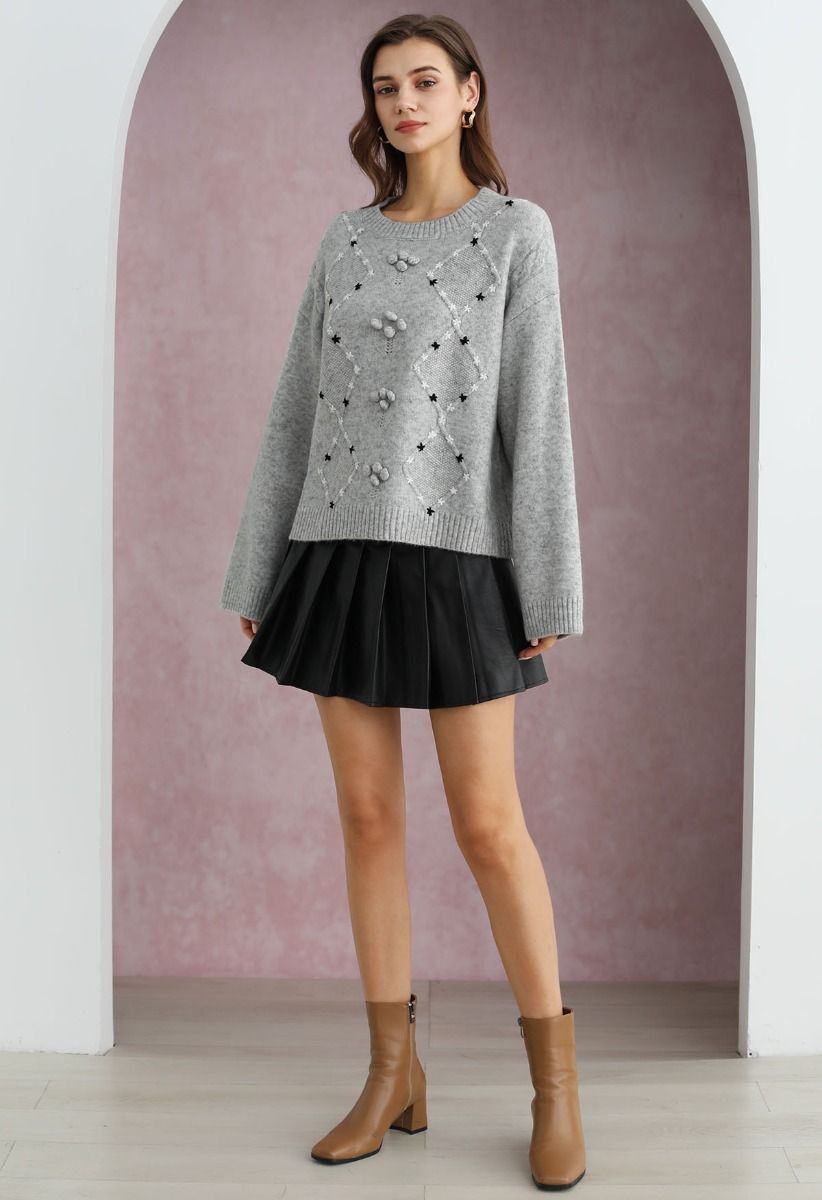 Floral Diamond Pom-Pom Ribbed Knit Sweater in Grey