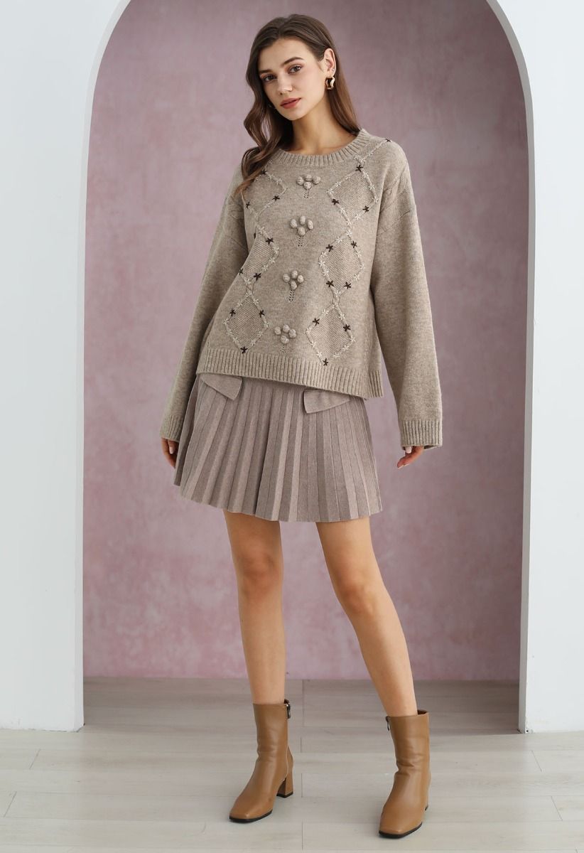 Floral Diamond Pom-Pom Ribbed Knit Sweater in Taupe