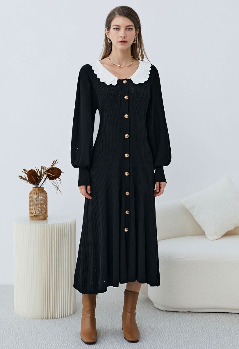 Scalloped Collar Lantern Sleeve Buttoned Midi Dress