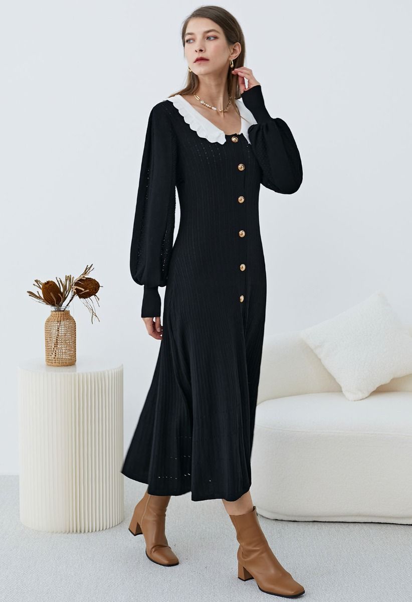 Scalloped Collar Lantern Sleeve Buttoned Midi Dress