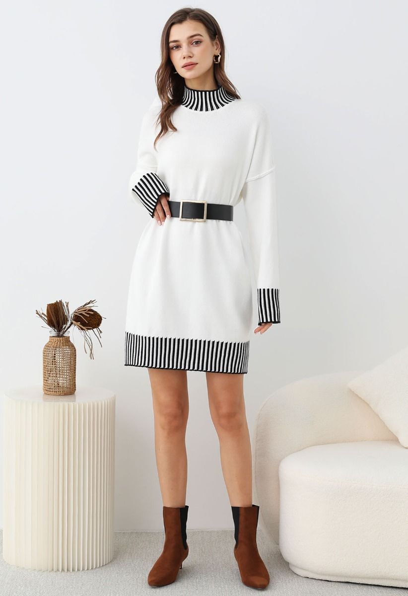 Contrast Stripe Mock Neck Knit Sweater Dress in Ivory