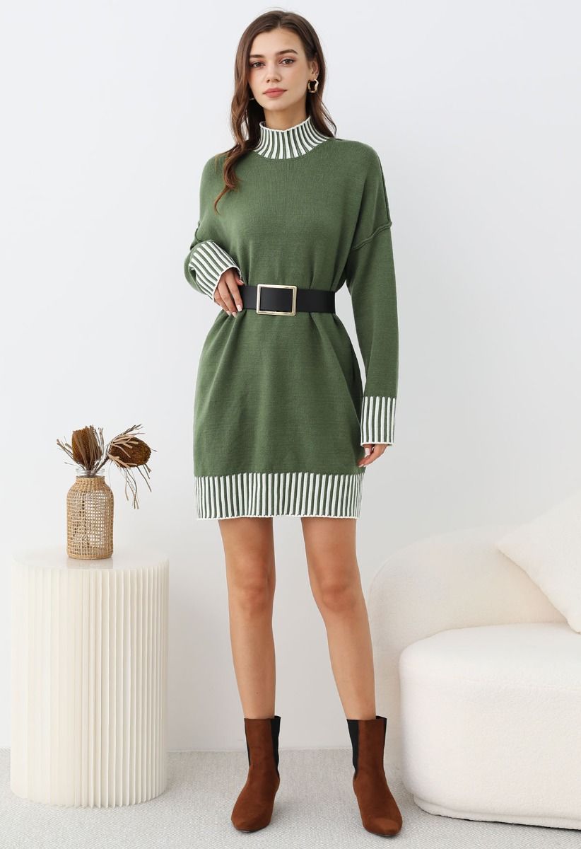 Contrast Stripe Mock Neck Knit Sweater Dress in Green