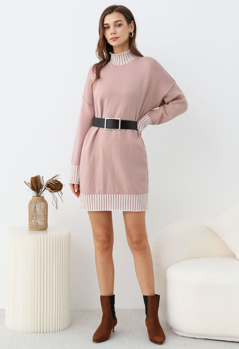 Contrast Stripe Mock Neck Knit Sweater Dress in Dusty Pink