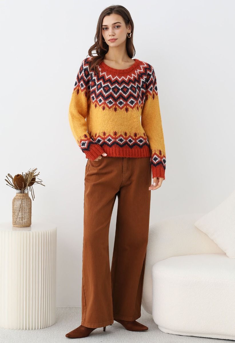 Nordic Charm Fair Isle Knit Sweater in Orange