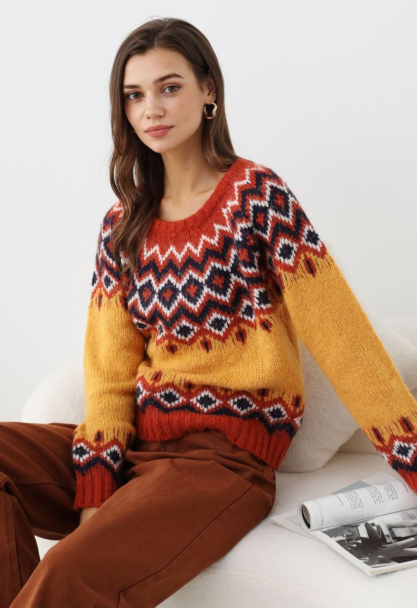 Nordic Charm Fair Isle Knit Sweater in Orange