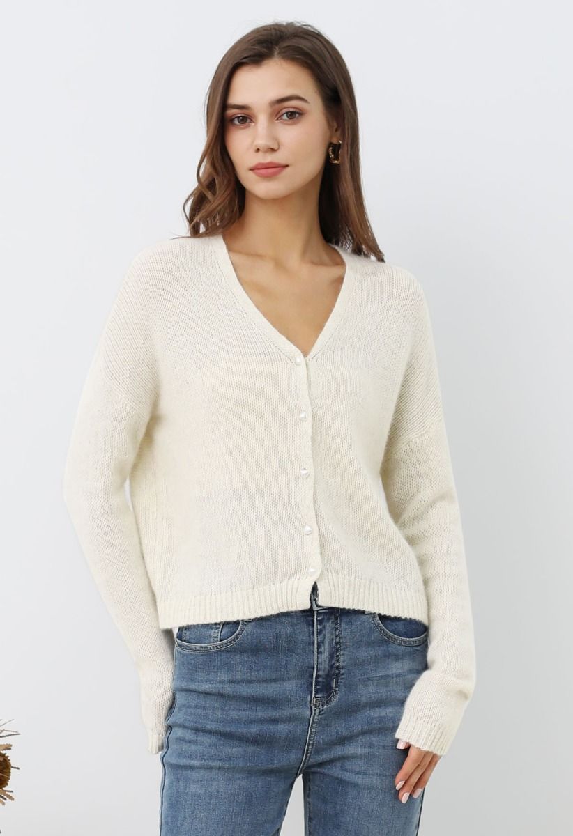 Solid Color Pearly Button Knit Cardigan in Cream