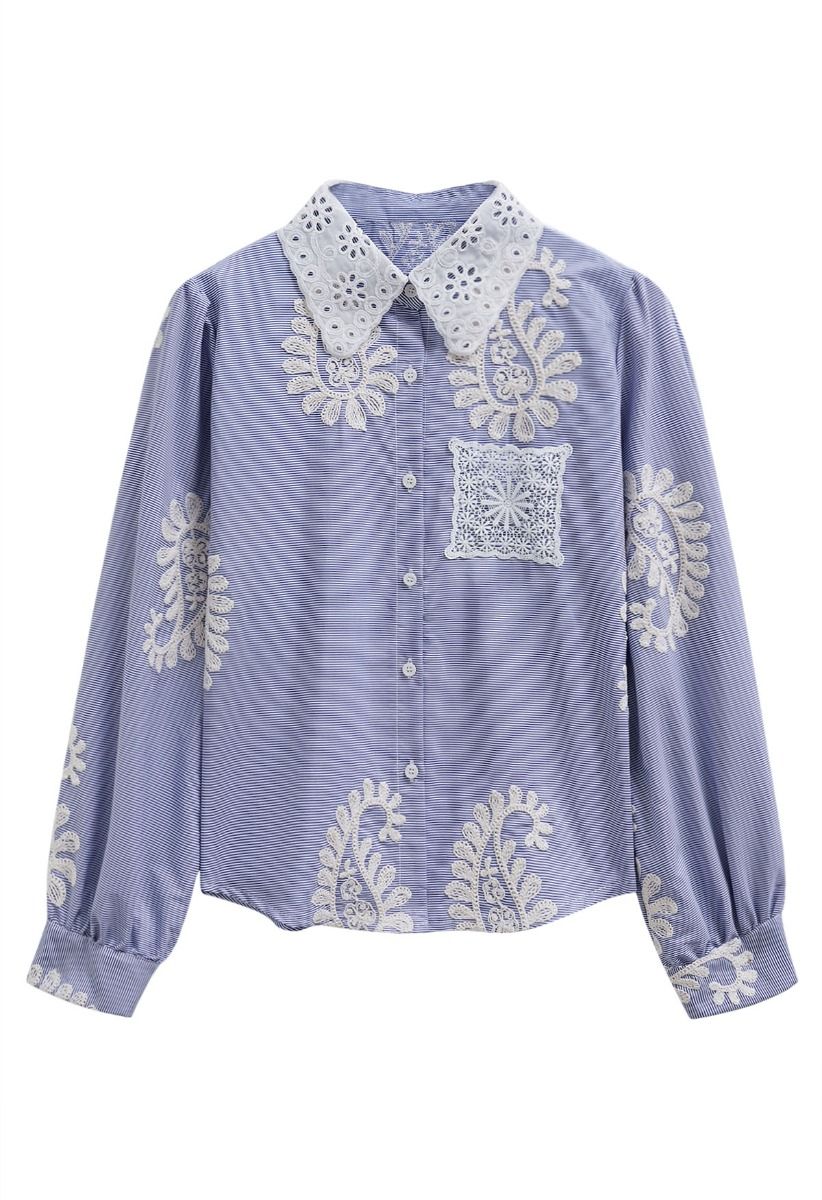 Paisley-Inspired Floral Embroidery Button-Up Shirt in Blue