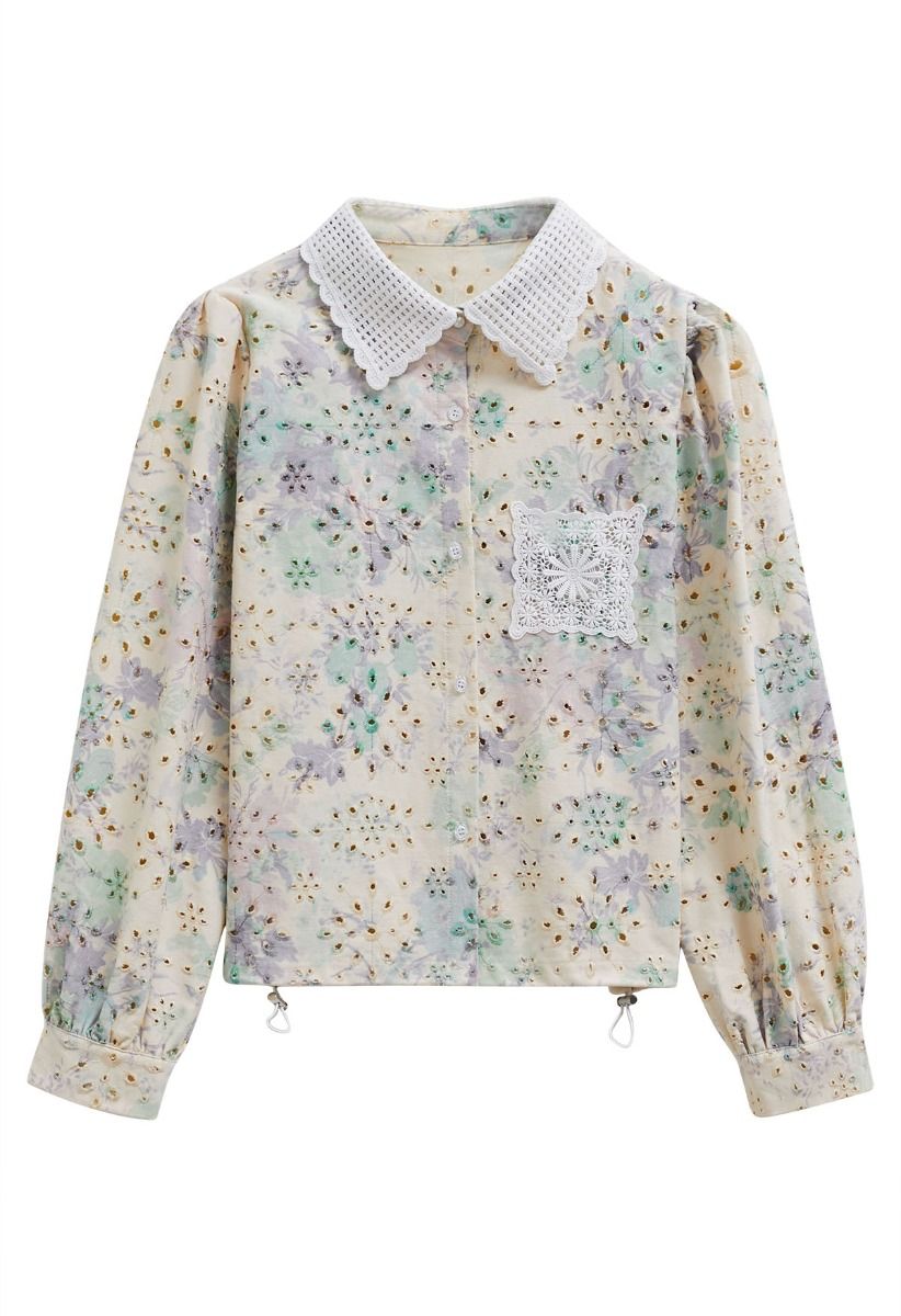 Rose Printed Eyelet Embroidered Patch Pocket Denim Shirt