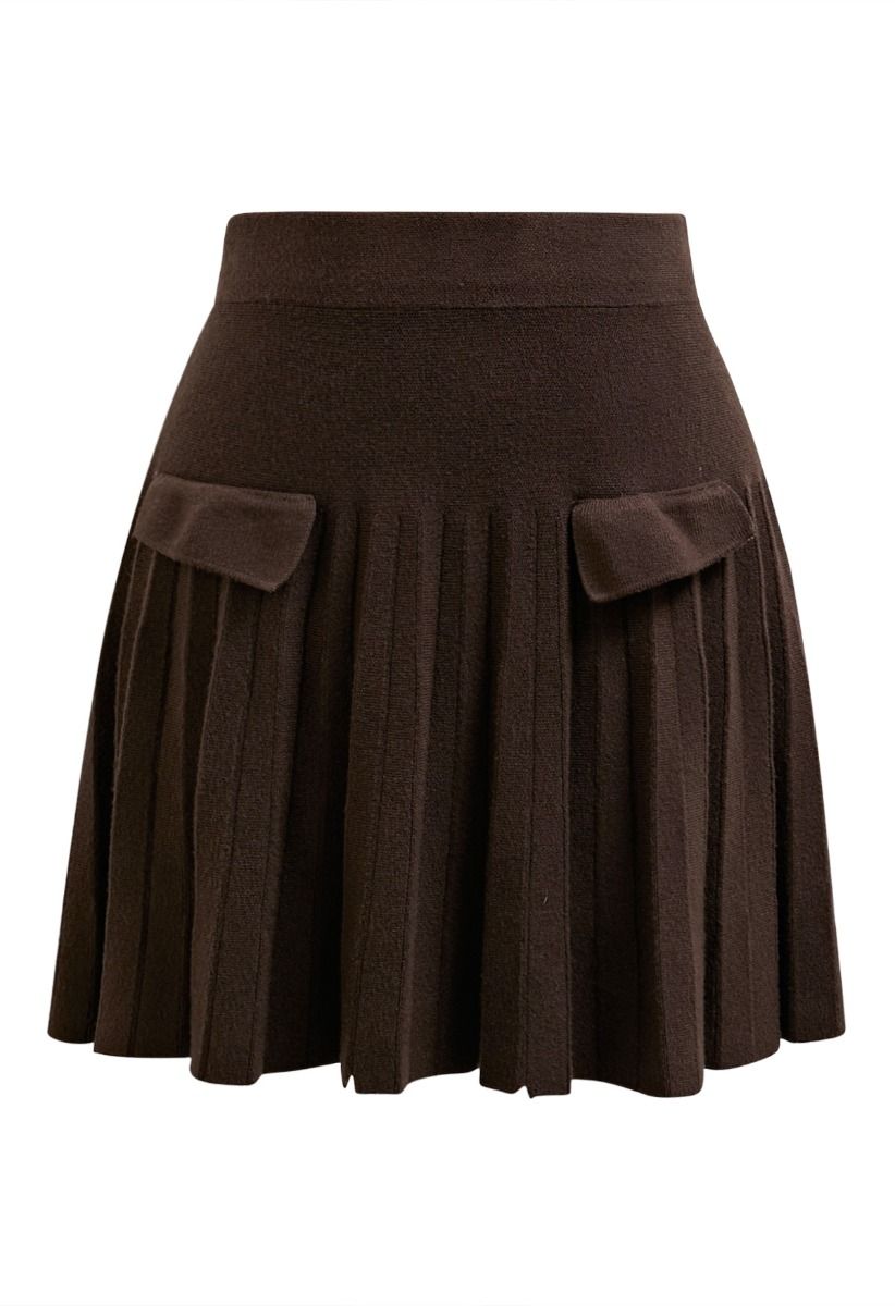 Decorative Pocket Pleated Knit Mini Skirt in Brown