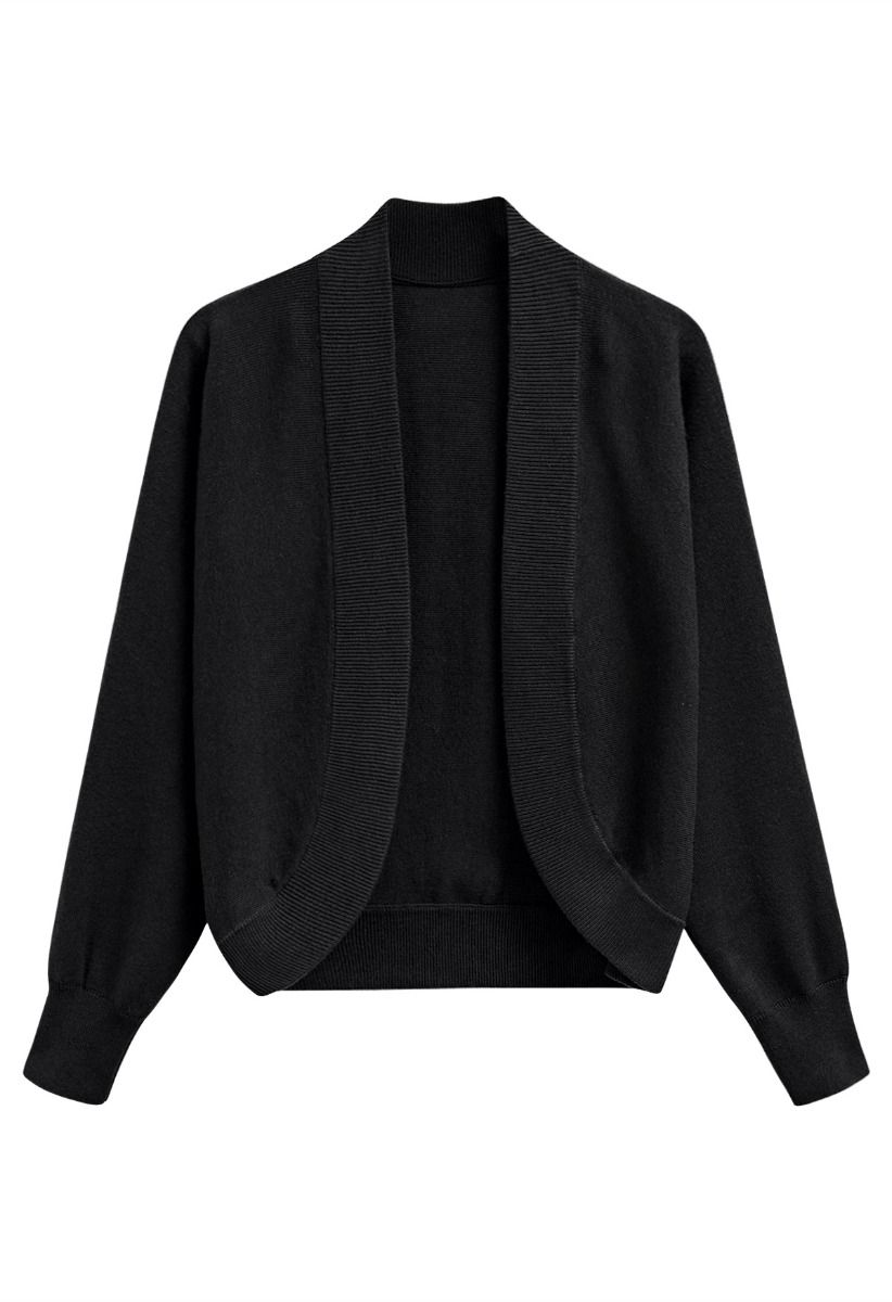 Minimalist Open-Front Ribbed Edge Knit Cardigan in Black