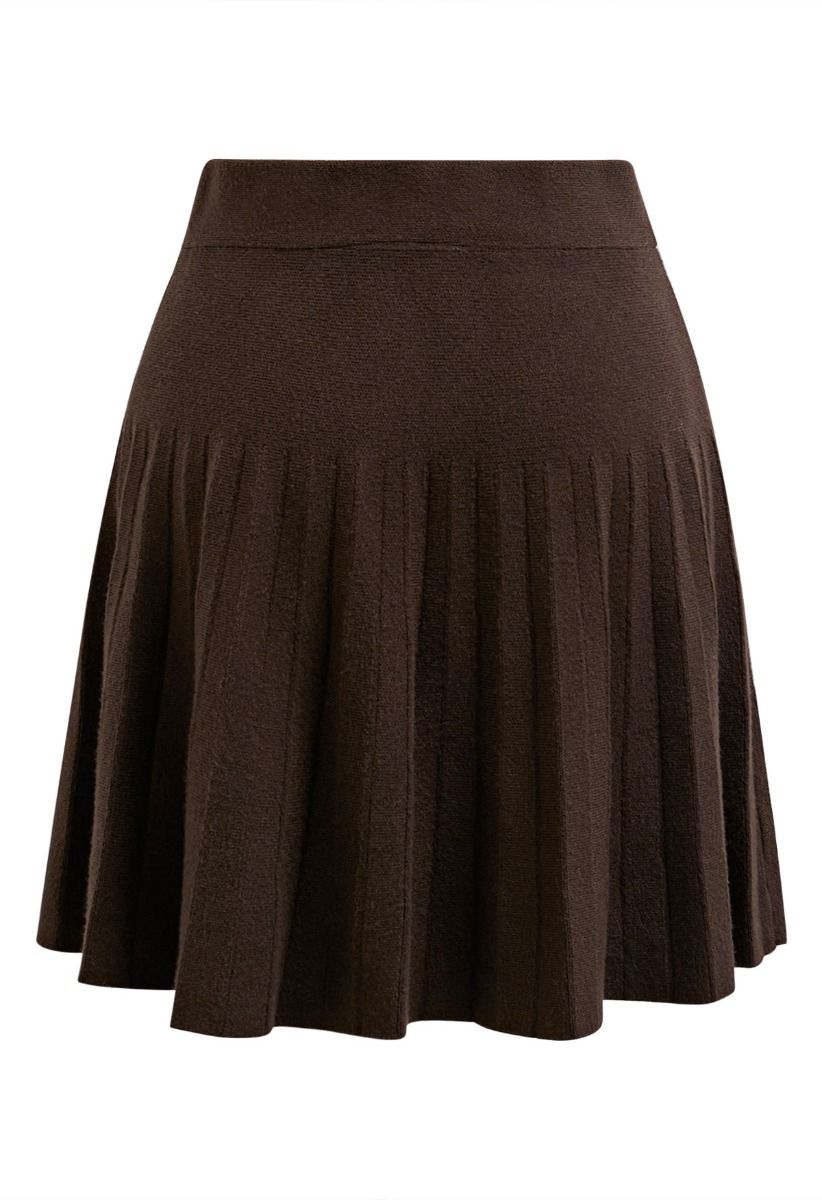 Decorative Pocket Pleated Knit Mini Skirt in Brown