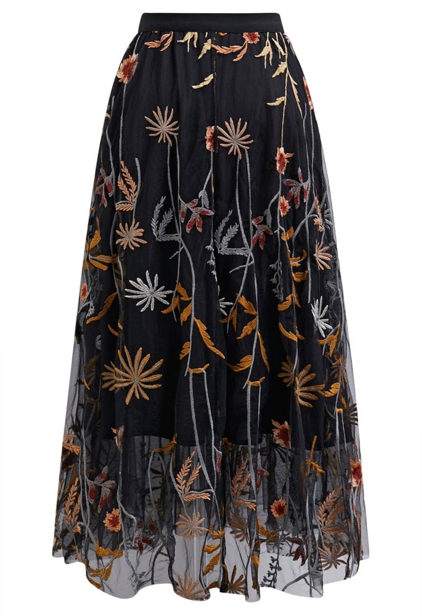 Whimsical Flowers Embroidered Mesh Tulle Midi Skirt in Black