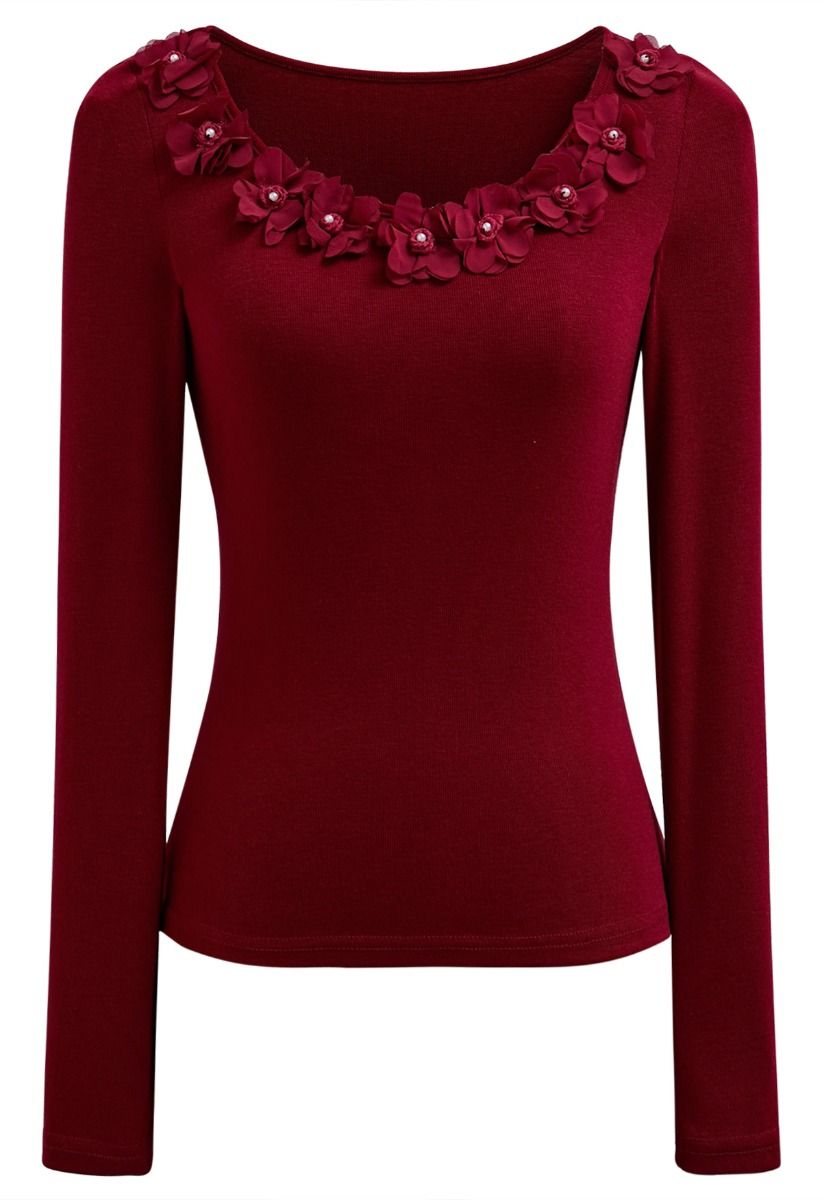 3D Flowers Neckline Long Sleeve Fitted Top in Red